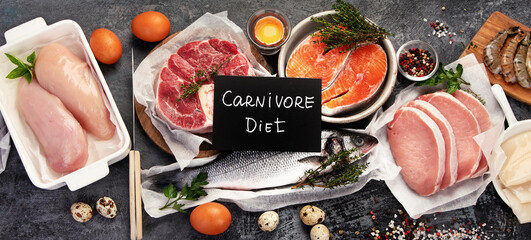 Carnivore diet on dark background.