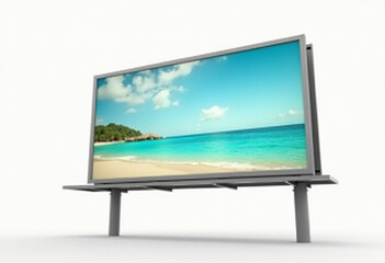 Fototapeta premium A billboard displays a serene tropical beach scene, perfect for advertising travel or relaxation.