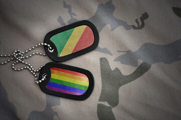 army blank, dog tag with rainbow gay pride flag and republic of the congo on the khaki texture background. military concept.