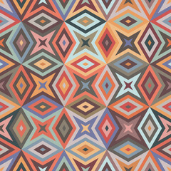 A quilt-style retro design with multicolored concentric geometric shapes, vintage colors, and a seamless repeating pattern. Abstract vector illustration.