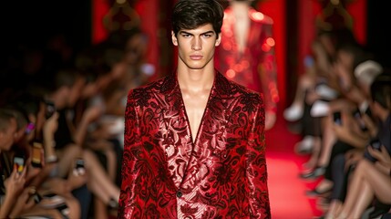 The model's confident stride complements the suit's tailored perfection.