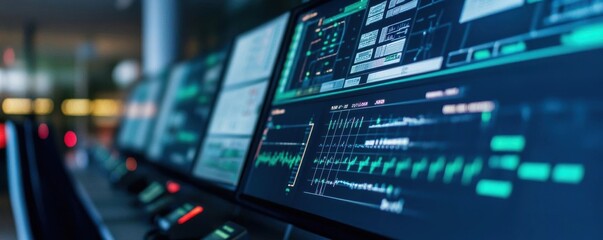 Smart Grid Energy Storage. A control room interface displaying smart grid energy flow and battery storage levels across a city