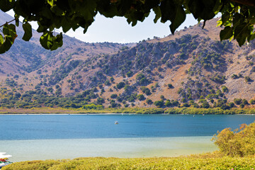 Lake Kournas on Crete and the mountains behind it
