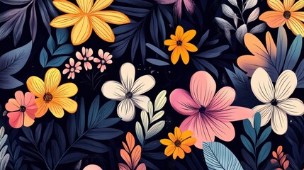 Whimsical Floral and Foliage Designs seamless pattern: Playful Doodles, Geometric Leaves, and Elegant Wildflowers in Bold and Soft Color Palettes.