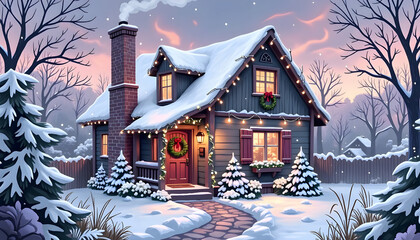 Illustration of a Cozy  Snow Cabin with Christmas Decorations in a Festive Winter
