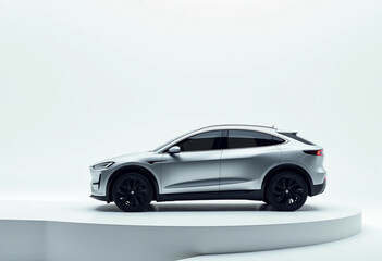 Sleek silver electric SUV, showcasing modern design and clean lines on a minimalist background.