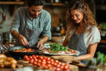 Lovers create a romantic culinary experience in a cozy kitchen