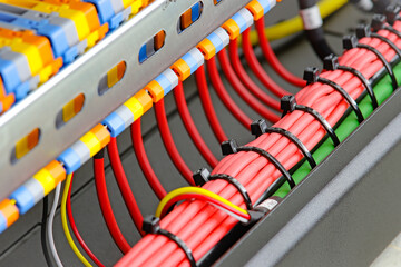 Connection of electronic modules in a multimedia telecommunication rack. Soft focus. 