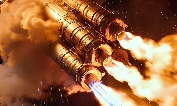 A powerful rocket engine ignites, showcasing intense flames and smoke during launch preparation.