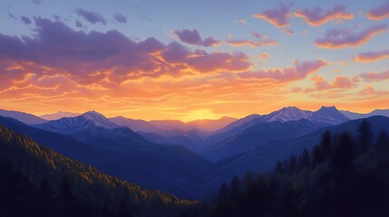 Obraz premium A serene mountain landscape at sunset, showcasing vibrant colors and majestic peaks.