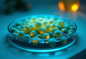 Microscopic view of numerous viruses or cells in a petri dish under blue light.