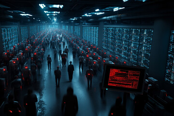 People in a futuristic data center with glowing screens