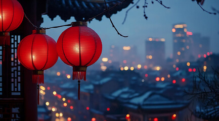 Red lanterns illuminate the evening skyline of a bustling city during a winter night