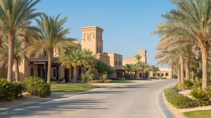 Fototapeta premium Scenic view of a palm-lined residential area with traditional architecture.