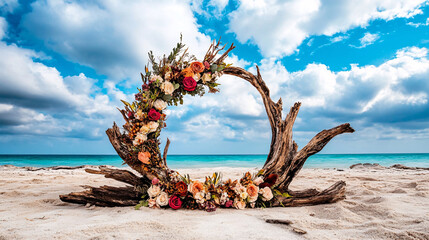 beautiful beach scene featuring floral arch made of driftwood, adorned with vibrant flowers against backdrop of soft pastel skies and turquoise waters