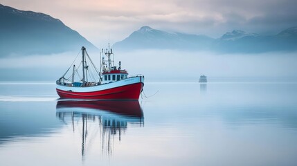 A serene fishing boat anchored in calm waters, reflecting mountains under a soft morning sky. Perfect for nature and adventure themes.