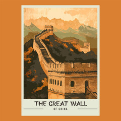 The Great Wall of China Retro Travel Style Poster Stock Vector
