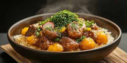 Delicious bowl of steaming rice topped with beef and colorful vegetables.