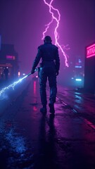 Obraz premium Cyberpunk police officer walking down street with lightning sword during thunderstorm