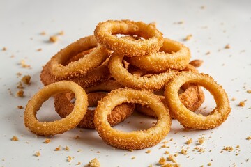 A photo of a pile of golden-brown onion rings, meticulously stacked on a white surface