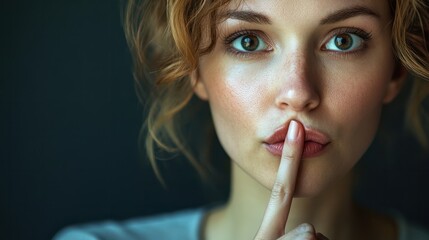 Obraz premium woman showing a sign of silence with her finger