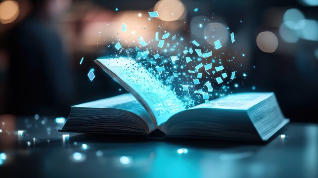 Touchscreen Hologram: A group of people gathered around a large touchscreen table, interacting with holographic books and documents projected above the surface.