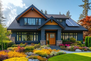 Beautiful suburban home with vibrant landscaping and solar panels