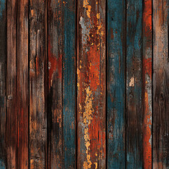 Rustic wooden planks with weathered textures in blue, orange, and brown hues create vibrant and aged appearance, perfect for backgrounds or design elements