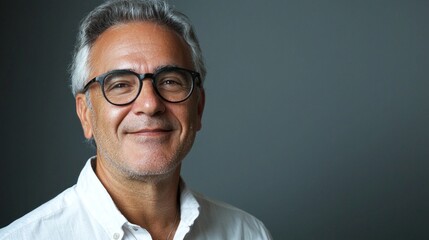 Fototapeta premium A mature businessman exudes confidence and warmth while wearing a crisp white shirt. The modern, neutral background adds depth, enhancing his approachable demeanor