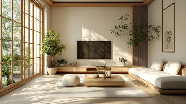 Japandi-Inspired Modern Living Room with Minimalist Design and Serene Atmosphere