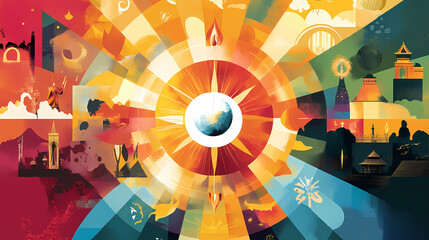 Obraz premium A colorful infographic depicting the different cultural and religious celebrations associated with the solstices and equinoxes around the world, showcasing the diversity. Equinox. Illustration