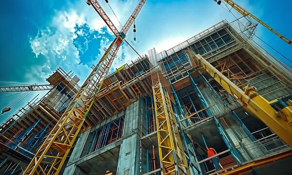 Low-angle view of a skyscraper under construction with cranes and workers.