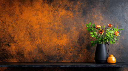 beautiful arrangement of orange roses in black vase against warm gradient wall. vibrant colors create cozy and inviting atmosphere, perfect for home decor
