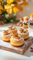 Delicious donuts decorated with nuts and cream on a wooden board, autumn background.