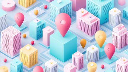 Isometric City Blocks with Pins: A colorful isometric city map with different zones marked by colored location pins, representing neighborhoods, districts, or areas of interest.