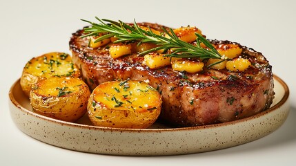 Delicious grilled steak served with roasted potatoes and fresh rosemary.