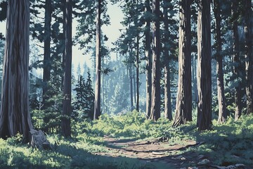 A serene forest scene with tall trees and a sunlit path, evoking tranquility and nature.