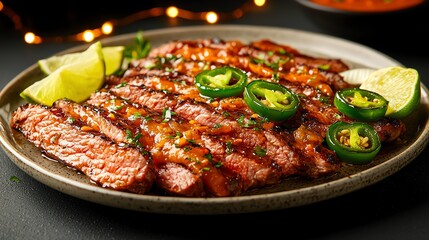 Delicious grilled steak with jalapenos and lime on a plate, perfect for a feast.
