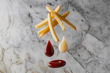 A photo of French fries and drops of ketchup and mayonnaise levitating above a marble background