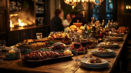 Fototapeta premium A Cozy Dining Table Filled with Delicious Food and Drinks for a Perfect Gathering