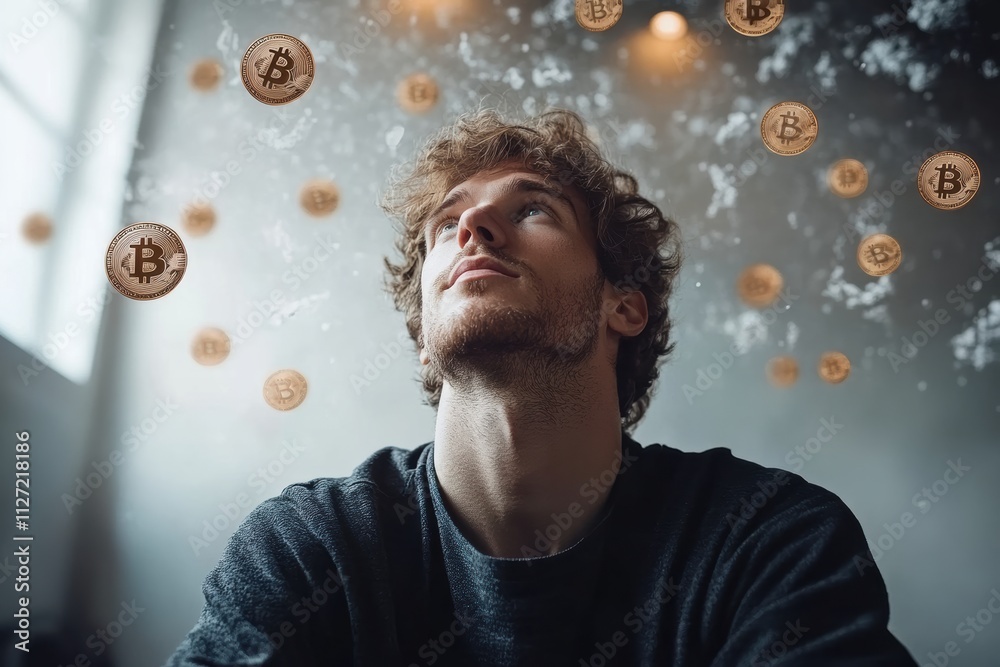 Poster floating bitcoin tokens around a contemplative man, emphasizing technological innovation in finance.