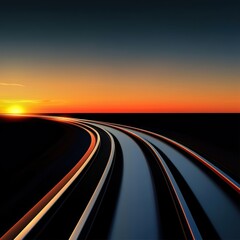 Naklejka premium Accelerated road lines merging into a glowing horizon at sunset symbolizing innovation dynamism and the thrill of progress