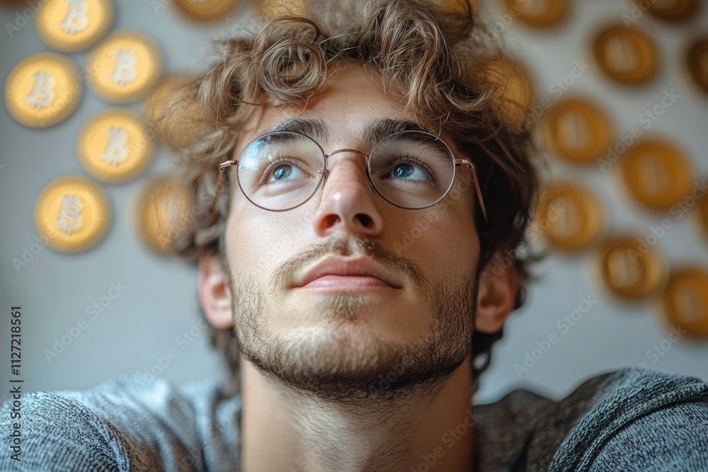 Poster floating bitcoin tokens around a contemplative man, emphasizing technological innovation in finance.