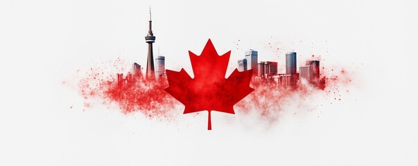 The vibrant red Canadian flag complements a city skyline, reflecting national pride