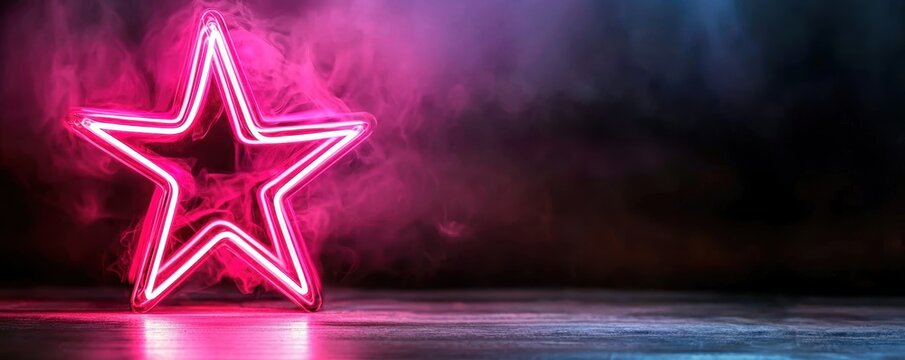 Bright pink neon star with a reflective surface capturing themes of celebration bold design and the excitement of urban nightlife