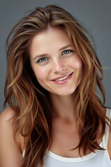 Naklejka premium Natural Portrait of a Smiling Woman with Long Wavy Hair Against a Neutral Background