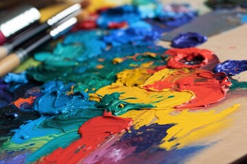 Obraz premium A close-up, artistic shot of a palette filled with an array of vibrant oil paints
