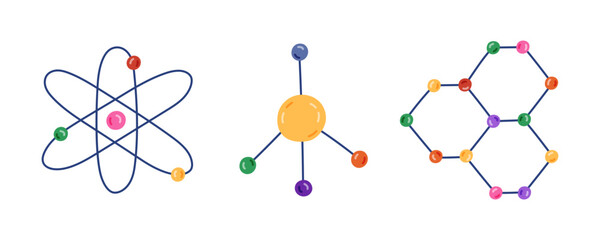 Cute cartoon set with chemistry molecule and atom structure. Hand drawn chemical formula as sign of science, medicine, technology, biology. Scientific molecular model clipart isolated on background. © Ana Tivikova