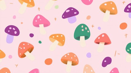 A cute mushroom pattern on a pastel pink background with bright colors