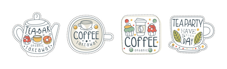 Takeaway Tea and Coffee Hand Drawn Label Vector Set